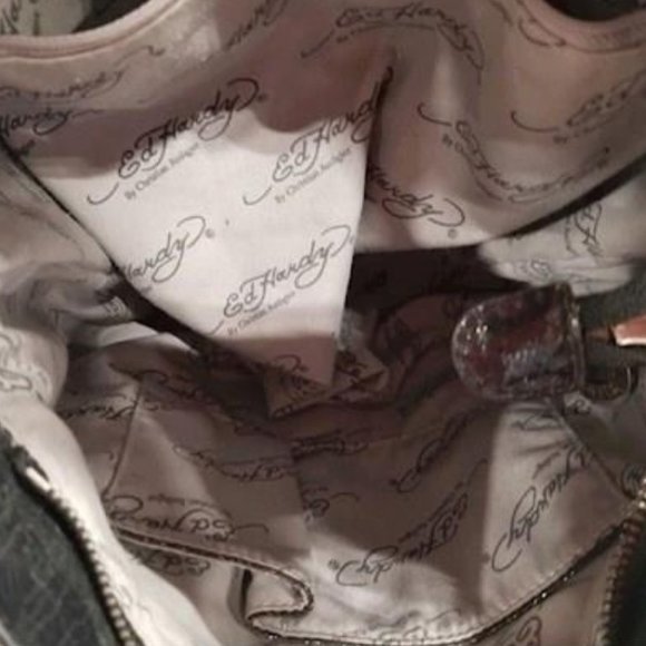 Ed Hardy Black & Silver Patent Leather Shoulder Bag Regualer Medium Size Bag - Picture 7 of 9